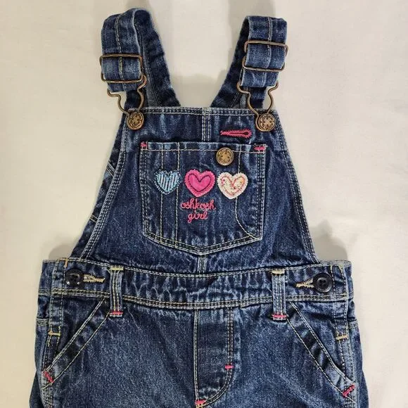 OshKosh Bgosh Toddler Girls Vestbak Overalls 18mo Blue Denim Embroidered Hearts - Picture 6 of 10